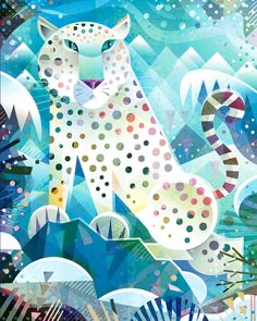 a painting of a white leopard surrounded by blue, green and pink shapes with trees in the background