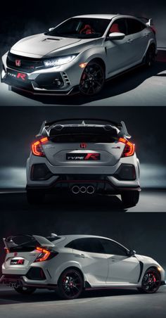 the honda civic hatchback is shown in three different angles