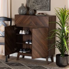 a wooden cabinet with shoes on it and a potted plant in front of it