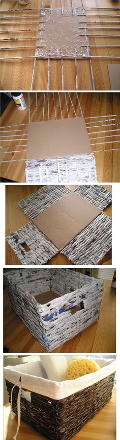 three pictures showing the steps to make a basket out of newspaper strips and cardboard boxes