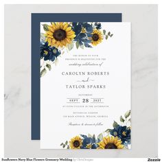 sunflowers and blue flowers are on the front of this wedding card, which is printed