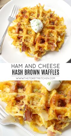 ham and cheese hash brown waffles on a white plate