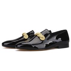 Step into luxury and sophistication with these Patent Leather Men Loafers with Gold Rope. Crafted with premium pigskin and patent leather materials for breathable comfort and classic style, this men loafer shoe is ready to elevate any look. The rubber soles give a secure footing that will last you season after season, making these men shoes an investment in your style. What are you waiting for? Step up your style now! Elegant Patent Leather Slip-ons For Business, Luxury Patent Leather Plain Toe Loafers, Patent Leather Slip-on Loafers For Galas, Patent Leather Loafers For Galas With Plain Toe, Formal Slip-on Patent Leather Dress Shoes, Slip-on Patent Leather Dress Shoes For Galas, Slip-on Patent Leather Dress Shoes For Formal Occasions, Luxury Patent Leather Slip-on Shoes, Slip-on Patent Leather Oxfords For Formal Occasions