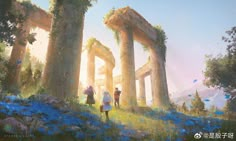 an oil painting of people walking in front of some ruins with blue flowers on the ground