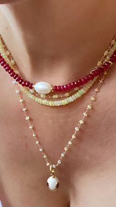 Beaded necklace. Ruby. Opal. Pearl. Gemstone Necklaces Socal Style, Necklace Ruby, Mood Lifters, Gemstone Necklaces, Opal Beads, Pearl Gemstone, Opal Necklace, Beads Necklace, Opal Jewelry