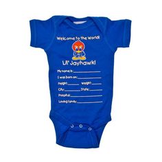 Your future Jayhawks fan will look cute in this Kansas Jayhawks Baby Blue Keepsake Creeper! This KU Jayhawks Romper features a screen printed baby keepsake wordmark to fill out and a Baby Jay mascot. Embroidered team logo on the center chest, Short sleeves, Lap shoulder neckline makes for easy dressing, Bottom snap closure, Soft combed cotton fabric, Ribbed neckline, Ribbed leg opening, Perfect addition for your future athlete!, Fit: True to Size, 100% Cotton, Machine washable Sporty Onesie With Letter Print For Sports, Casual Sports Onesie With Letter Print, Blue Short Sleeve Onesie With Letter Print, Casual Cotton Onesie For Sports Events, Casual Sports Onesie With Short Sleeves, Casual Short Sleeve Sports Onesie, Sports Cotton Onesie With Short Sleeves, Fitted Blue Onesie With Letter Print, Cotton Onesie With Name Print