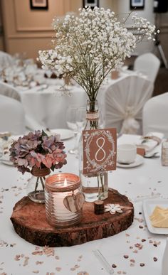 the table is set with flowers and candles