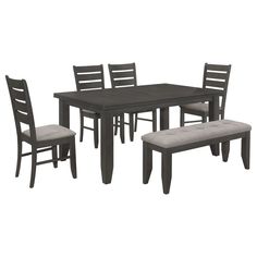 a dining table with four chairs and a bench