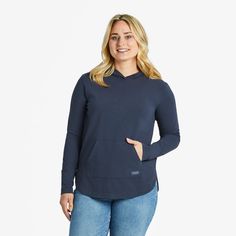 Designed to complement leggings or jeans, this stretchable jersey hoodie is in it for the long run (or walk). 92% USA Grown Cotton / 8% Spandex Crusher-Flex Jersey 7.08 oz. Mid-weight cotton/spandex jersey, garment washed for softness Tunic length with hood, self-fabric cuffs, kangaroo pocket and rounded hi-lo hem Life Is Good® twill patch. Size medium is 27 ½" long in front; 28 ½" long in back Imported | Life is Good Women's Solid Crusher-FLEX Hoodie Tunic Long Sleeve T-Shirt in Inkwell Blue Si Casual Everyday Hoodie With Stretch, Casual Navy Winter Activewear, Blue Cotton Everyday Activewear, Everyday Blue Cotton Activewear, Casual Blue Activewear For Everyday, Blue Cotton Activewear For Fall, Blue Stretch Casual Sweatshirt, Blue Casual Stretch Sweatshirt, Casual Stretch Blue Sweatshirt