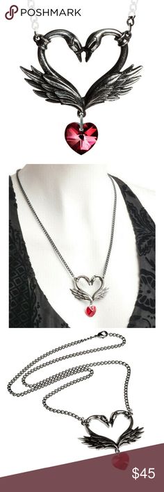 Swan Heart Necklace Pendant Womens Pewter Crystal Swan Heart Necklace Pendant Womens Pewter Bird Swarovski Crystal Ruby Red Gift  Brand New!  High Quality Construction  Approximate Dimensions: Height: 56mm (2.20") Width: 53mm (2.09") Depth: 7mm (0.28") Chain Length: 21"  Materials: Polished Black Fine English Pewter, Siam Swarovski Crystal Heart  Made in England  From Smoke Free Environment      ***2497 Legends Jewelry Necklaces Valentine's Day Silver Metal Heart Necklace, Valentine's Day Silver Heart Necklace, Gothic Heart-shaped Necklace For Valentine's Day, Gothic Metal Heart Necklace For Valentine's Day, Gothic Heart Shaped Necklace As Gift, Gothic Heart Shaped Necklace For Gifts, Gothic Heart Necklace As Gift, Silver Gothic Heart Charm Necklace, Gothic Silver Heart Charm Necklace