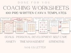 the coaching worksheets for coaches and personal development are shown in this graphic style