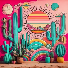 colorful cactus and sun mural on the side of a pink wall in a room with potted cacti