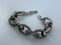 "Vintage 8\"-8.5\" Bracelet Silver Toned Chunky Chain With Clear Rhinestones Used" Silver Metal Bracelets Iced Out, Silver Iced Out Metal Bracelets, Iced Out Silver Metal Chain Bracelet, Silver Chain Link Bracelet With Bling, Silver Bling Chain Link Bracelets, Rhinestone Chain Link Jewelry, Metal Chain Bracelet With Rhinestones, Jeweled Metal Crystal Bracelet, Silver Metal Chain Bracelet With Rhinestones