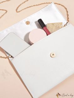 BirdinBag - Chic Metal-Trimmed Flap Square Bag White Envelope Bag For Formal Occasions, Formal White Envelope Bag, White Envelope Bag For Gift, Chic White Envelope Bag, White Envelope Bag For Everyday Use, Elegant Envelope Bag With Adjustable Strap, White Clutch Bag, Elegant Pattern, Word Wrap