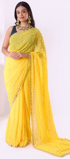 Yellow color Saree in Georgette fabric with Cut Dana, Mirror, Moti, Zircon work Semi-stitched Yellow Blouse Piece For Wedding, Yellow Blouse Piece With Mirror Work For Wedding, Yellow Blouse Piece For Wedding And Eid, Yellow Cutdana Blouse Piece For Wedding, Yellow Pre-draped Saree With Mirror Work For Wedding, Yellow Georgette Blouse Piece For Wedding, Wedding Yellow Blouse Piece With Mirror Work, Yellow Wedding Blouse Piece With Mirror Work, Yellow Blouse For Wedding And Festivals