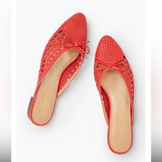 New, Never Worn Talbots Edison Mules Size: 5 The Edison Mule. Combining Ease And Elegance In A Woven, Open-Back Flat. In Woven Faux Nappa And Topped Off By A Bow. * Almond Toe * 1/2" Heel Height * Memory Foam Footbed * Imported Material: 100% Polyurethane Style # P212041305 Comes From A Smoke Free/Pet Free Home. Please Note All Sales Final. Summer Red Closed Toe Flats, Red Flats For Summer, Chic Red Summer Flats, Red Slip-on Mules For Summer, Red Pointed Toe Summer Mules, Red Slip-on Flats For Spring, Casual Red Summer Mules, Red Slip-on Mules For Spring, Red Synthetic Mules For Spring