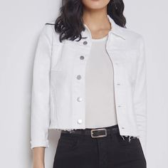 A White Denim Jacket With A Feminine Fit And An Ultra-Soft Feel. Luxurious Stretch Denim Hugs The Body While Allowing Complete Freedom Of Movement. Timeless Design Features A Classic Collar, Double Chest Pockets, And A Front Button Closure. Slimming Tapered Seams And A Raw, Ravaged Hem Add A Modern Edge. White Denim Jacket, White Denim, Jean Coat, Stretch Denim, Jean Jacket, Design Features, Timeless Design, Denim Jacket, Jackets & Coats