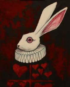 a painting of a white rabbit sitting on top of a table with hearts around it