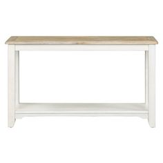 a white table with a wooden top and shelf on the bottom, against a white background