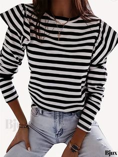 Bjux - Womens Long Sleeve T-Shirt with Striped Print and Ruffle Trim - A Stylish and Versatile Addition to Your Spring and Fall Wardrobe Striped Long Sleeve Stretch T-shirt, Black Casual Shirt With Ruffles, Casual Black Shirt With Ruffles, Striped Tops With Graphic Print For Fall, Striped Long Sleeve Top With Ruffles, Trendy Striped Top With Graphic Print, Casual Ruffled T-shirt For Fall, Black Ruffled Crew Neck Top, Striped Graphic Print Tops For Spring