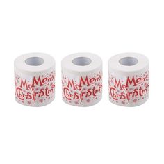 three rolls of merry christmas toilet paper with red lettering on the front and white background