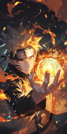 an anime character holding a fire ball in his hand with flames coming out of it