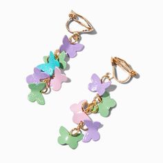 Pastel Cluster Butterfly 1.5" Clip-On Drop Earrings Trendy Multicolor Butterfly Jewelry, Trendy Hypoallergenic Dangle Clip-on Earrings, Playful Gold Summer Earrings, Playful Gold Earrings For Summer, Crown Hair Clip, Sensitive Ears Earrings, Piercing Kit, Flower Crown Hairstyle, Photo Frame Gift