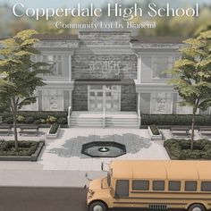 a yellow school bus parked in front of a building with trees and bushes on the sidewalk