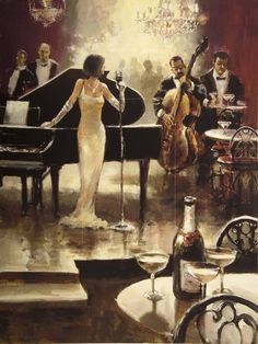 a painting of a woman standing in front of a piano with other people around her