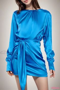 Qteee - Elegant Cocktail Party Dress - Long Sleeves, Round Neck, Elastic Waist with Stylish Ribbon Detail in Satin Fabric Blue Long Sleeve Party Dress For Fall, Blue Long Sleeve Dress For Fall Party, Evening Long Sleeve Solid Mini Dress, Chic Mini Dress With Crew Neck For Party, Chic Crew Neck Mini Dress For Party, Blue Mini Length Long Sleeve Dress For Spring, Blue Mini Long Sleeve Dress For Spring, Spring Party Dress With Crew Neck, Blue Long Sleeve Mini Dress For Party