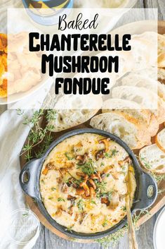 baked chaferle mushroom fondue in a cast iron skillet with bread on the side