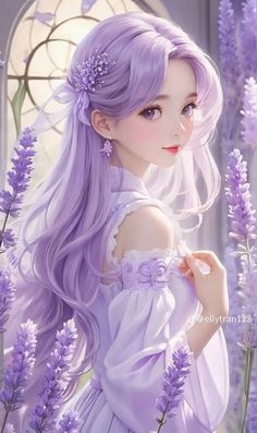 a girl with long purple hair and flowers in her hair