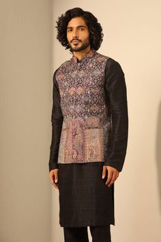 Dark blue sleeveless Nehru jacket with mughal, floral woven motifs and mandarin collared neckline. - Aza Fashions Nehru Jacket For Men, Nehru Jacket, Nehru Jackets, Kurta With Pants, Jacket For Men, Jacket Pattern, Mandarin Collar, Aza Fashion, Types Of Sleeves