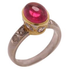 NEW Vintage Pink Tourmaline Ring - Hand Made in Italy 18k Two Tone Gold 6.7 grams - mat finish (not shiny gold) Oval cabochon Pink Tourmaline 2.90 ct (10x8 mm) Plus old -cut Diamonds Champagne/Light Brown 1.10 carat Finger size 7 All stones are natural - Imperfections exist due to natural formation Included - gift box & Appraisal / Lab Certificate Center stone condition: it is a nice giving-light / clean stone over all. However it has some spots (on the side) that needs some polish, seems that o Rose Gold Ring Set, Yellow Rings, Pink Tourmaline Ring, Gold Cocktail Ring, Contemporary Ring, Ring Hand, Gold Cocktail, Gold Ring Sets, Cabochon Ring