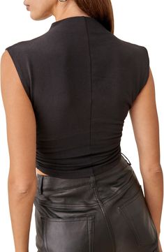 Stretch-hinted organic cotton offers exceptional comfort in this ruched crop top with an elegant mock neckline. 19" length (size Medium) Mock neck Sleeveless 88% organic cotton, 12% spandex Machine wash, tumble dry Imported Elastane Ruched Tops For Night Out, Fitted Ruched Tops For Layering, Chic Ruched Elastane Tops, Versatile Black Ruched Tops, Ruched Elastane Tops, Ruched Elastane Tank Top, Versatile Stretch Ruched Tank Top, Fitted Ruched Elastane Crop Top, Sleeveless Ruched Back Top