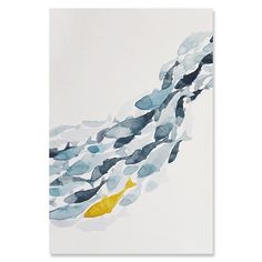 an abstract painting with blue and yellow watercolors on white paper, depicting fish swimming in the ocean