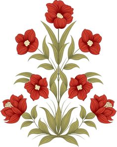 red flowers with green leaves on a white background