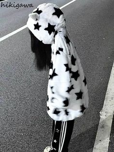 Fall Winter Clothes Chic Thicked Star Print Jacket Oversized Outwear Clothing for Teens Hooded Straight Clothes, Women Outerwear, Looks Party, Velvet Fashion, Collar Pattern, Fleece Coat, Winter Jackets Women, Grunge Style, Oversize Hoodie