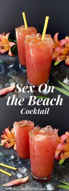 two glasses filled with watermelon cocktails on top of a table next to flowers