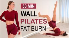 the woman is doing exercises on her stomach and back while standing in front of a wall