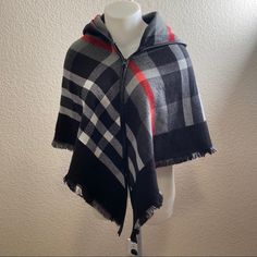 Plaid, Black, Grey And Red 100% Acrylic Trendy Black One-size Outerwear, Oversized Black Poncho For Cold Weather, Casual Black Poncho For Winter, One Size Black Poncho For Cold Weather, Casual Black Winter Poncho, Casual Black Poncho For Cold Weather, Poncho With Hood, Do Everything In Love, Shrug Sweater