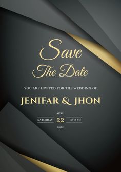 an elegant black and gold wedding card with the words save the date written on it