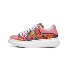 Step into a world of retro-chic with our 70's Flowers Oversized Sneakers. Embrace the flower power vibe with their groovy hippie-style pattern that screams vintage cool. Crafted with a leather upper and mesh lining, these kicks marry durability with breathability, ensuring they stand the test of time while keeping your feet fresh. Slip into the soft embrace of EVA padded insoles, treating your feet to cloud-like cushioning with every step. From city streets to nature trails, our reinforced EVA o Trendy Floral Print Sneakers For Spring, Pink Floral Print Sneakers For Summer, Pink Floral Print Sneakers With Round Toe, Funky Low-top Sneakers For Spring, Retro Summer Sneakers With Rubber Sole, Retro Low-top Summer Sneakers, Trendy Floral Print Sneakers With Round Toe, Trendy Floral Print Round Toe Sneakers, Vintage Summer Sneakers With Round Toe