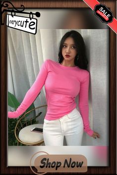 Female T-shirt Knitted Top White Shirt Strap Poleras Mujer De Moda Summer Polera Blanca Hot Casual Korean Style Women Trendy Solid Color Crew Neck Blouse, Pink Crew Neck Sweater Solid Color, Pink Crew Neck Sweater With Solid Color, Trendy Spring Long Sleeve Crew Neck Top, Spring Crew Neck Stretch Knit Top, Trendy Crew Neck Solid Color Knit Top, Trendy Solid Color Crew Neck Knit Top, Trendy Crew Neck Knit Top In Solid Color, Spring Long Sleeve Fitted Knit Top