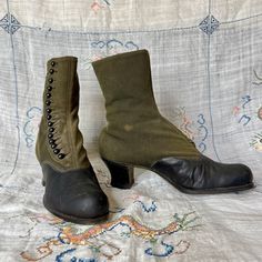 "Victorian late 1900s antique Edwardian boots Fabric and leather with buttons  Good condition for age (see photos) Some distress at top of boot in fabric. Some small rips (See photos) Some discoloration to green fabric and a couple of whitish marks please look at photos.  Soles are in good condition  I had hoped newspapers stuffed in boots would help date them but paper was from 1979 I imagine these will be used for display  But here's the measurements maybe they will fit. no size marked. Wall to toe length 9 7/8 Heel against wall measured out to toe. Height total 8\" Heel height2\" Width2 7/8" Vintage Fitted Ankle Heeled Boots, Vintage Ankle Boots With Rubber Heel Cap, Edwardian Boots, Antique Shoes, Victorian Boots, Button Boots, Womens Booties, Booties Ankle Boots, Cute Jackets