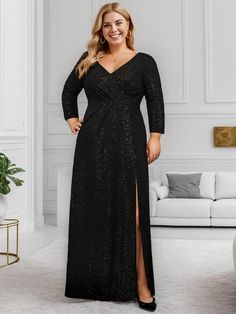 Plus Size Sparkling Long Sleeves Double V-Neck Sequin Evening Dress #color_Black Red Carpet Affair, Maxi Dresses Formal, Plus Size Sequin, Elegant Plus Size, Sequin Evening Dress, Chic Jumpsuit, Sequin Evening Gowns, Evening Dress Collection, Sequin Evening Dresses