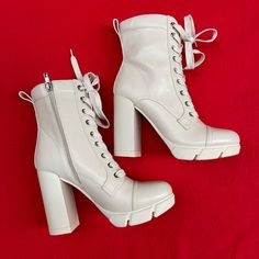 Nwt Nine West Off White Leather Combat Lace Up Ankle Boots. Size 7. Heeled , Zipper, Comfy! Beige High Heel Lace-up Boots For Spring, Trendy Lace-up Boots With Padded Ankle For Spring, Trendy Spring Faux Leather Platform Boots, Chic White Platform Boots For Fall, Spring Beige Faux Leather Platform Boots, Trendy Beige Platform Boots With Reinforced Heel, Trendy Cream Platform Boots With Round Toe, Trendy Cream High Heel Platform Boots, Trendy Cream Platform Boots For Winter