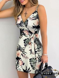 Casual Women Slim V-neck Tie Up Mini Dress Summer Sexy Wrap Sleeveless Party Dress Fashion Office Lady Sling Print Dress Vestido Cami Dresses, Mini Dresses Summer, Trend Fashion, Cami Dress, Bodycon Mini Dress, Tops For Leggings, Tropical Print, Summer Dresses For Women, Floral Print Dress