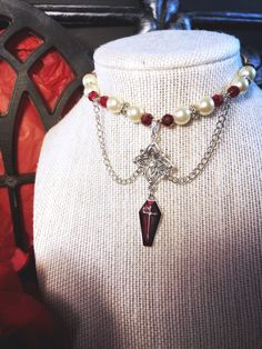 Gothic Coffin Choker Crimson Red Pearl Goth Vampire Necklace by SackeAndSugarCo on Etsy Vampire Inspired Jewelry, Gothic Red Jewelry With Lobster Clasp, Red Gothic Jewelry With Lobster Clasp, Vampire Necklace, Vampire Jewelry, Gothic Coffin, Goth Vampire, Vampire Clothes, Gothic Choker