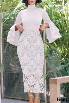 Fisdy - Elegant White Solid Patchwork Evening Dress with O Neck Design White Fitted Dress, Evening Dresses With Sleeves, Pencil Skirt Dress, Formal Cocktail Dress, Dress Sleeve Styles, Evening Dresses Plus Size, Ankle Length Dress, Evening Dresses Elegant, Patchwork Dress